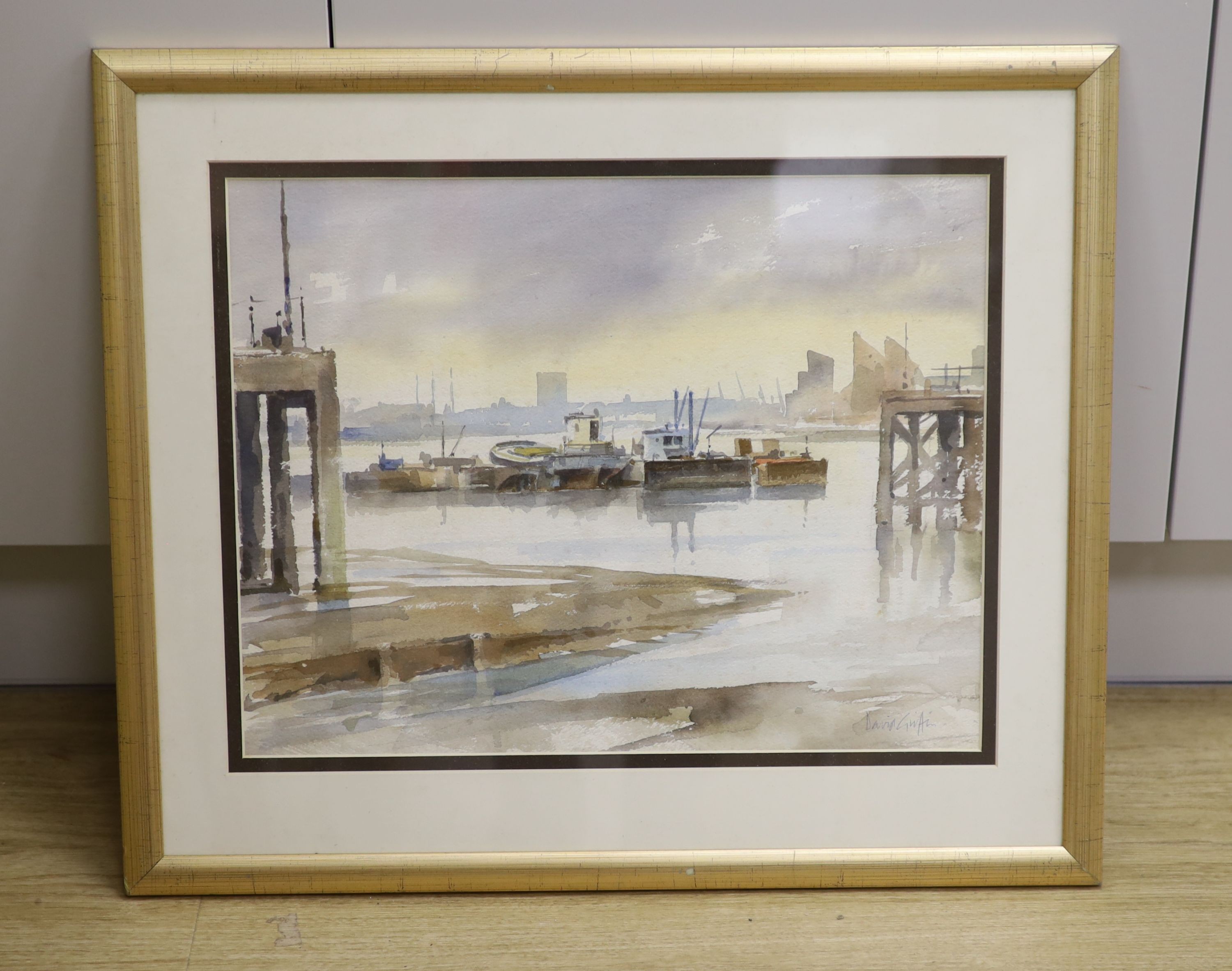 David Griffin Wapping Group (1952-2002), watercolour, Estuary scene, signed, 34 x 43cm